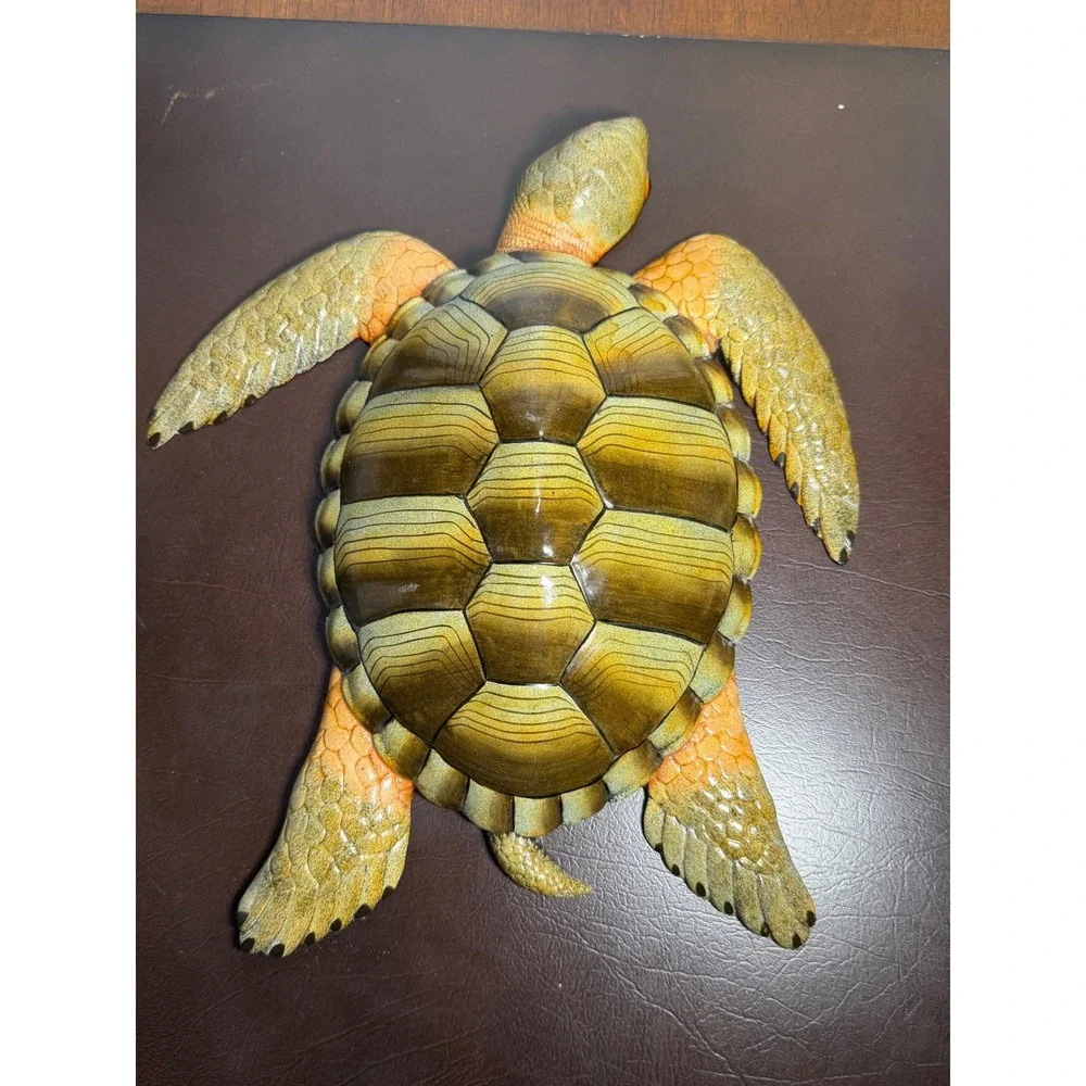 Large Sea Turtle Wall Plaque Coastal Nautical Home Decor 14.5x12 Green Orange